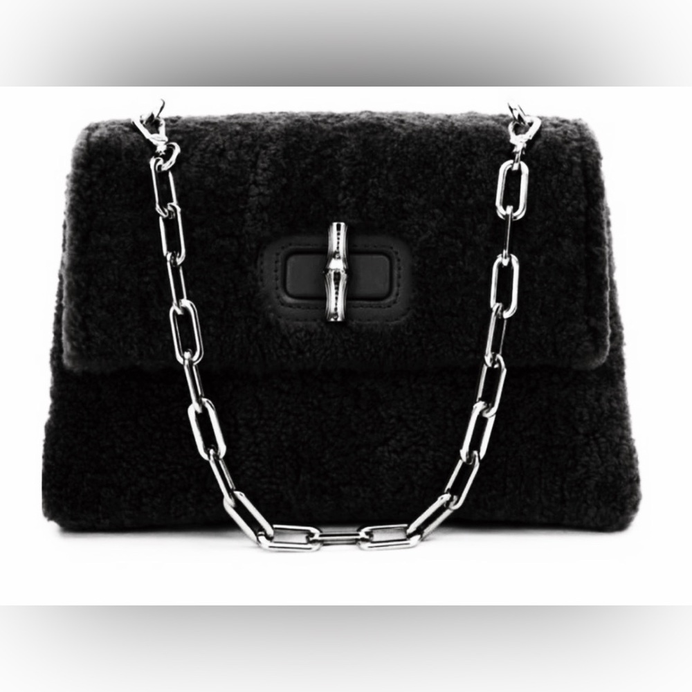 Brandon Blackwoods Bowen Bag in Black Shearling with Silver Hardware